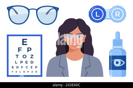 Ophthalmology icons set. Glasses, eye drops, contact lenses, test table with letters for eye examination. Vision correction. Ophthalmology concept Stock Vector