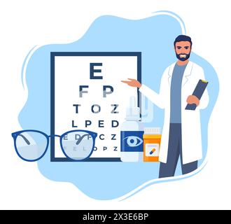 Ophthalmology icon composition. Glasses, eye drops, contact lenses ...