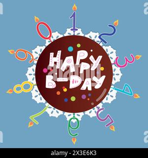 Set of candle numbers on birthday cake. Happy B-day cake with chocolate glaze. Birthday candles. Vector illustration Stock Vector