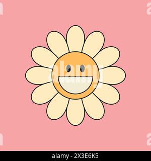 Good vibes only slogan groovy background. Smiling daisy flower. 70 s Hippie retro style. Vector illustration Stock Vector