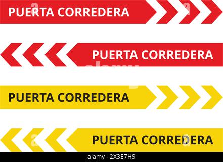 Red and yellow puerta corredera signs on a white background (trad. sliding door) Stock Vector
