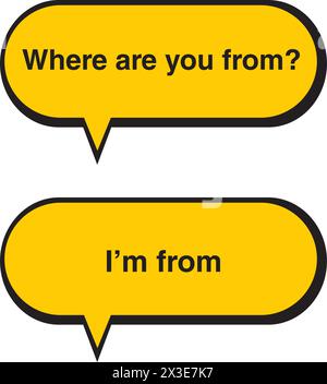 Where are you from question and im from answer yellow speech bubbles on a white background Stock Vector