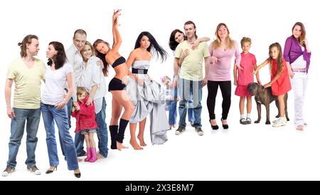 14 people - families, children, adults pose isolated on white, collage with 12 models Stock Photo