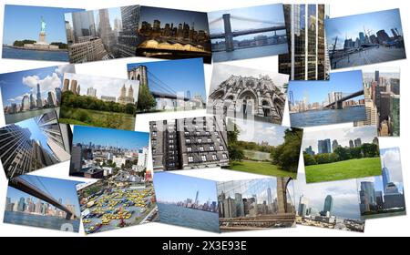 Collage with photos with New york views, Brooklyn Bridge, Manhattan, Statue of Liberty, Central park Stock Photo