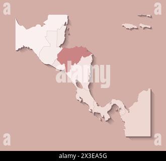 Vector illustration with Central America land with borders of states and marked country Honduras. Political map in brown colors with regions. Beige ba Stock Vector