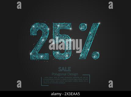 Abstract isolated blue 25 percent sale concept. Polygonal illustration looks like stars in the blask night sky in spase or flying glass shards. Digita Stock Vector