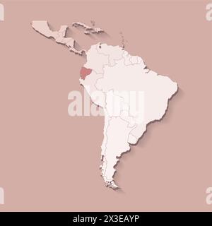 Vector illustration with South America land with borders of states and marked country Ecuador. Political map in brown colors with regions. Beige backg Stock Vector