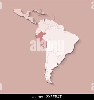 Vector illustration with South America land with borders of states and marked country Peru. Political map in brown colors with regions. Beige backgrou Stock Vector