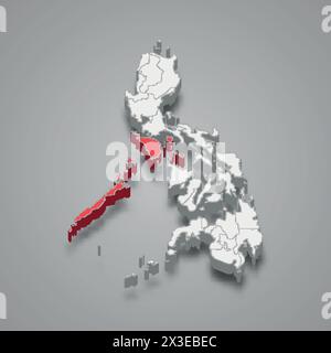 Mimaropa region highlighted in red on a grey Philippines 3d map Stock Vector