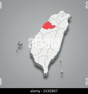 Miaoli County division highlighted in red on a grey Taiwan 3d map Stock Vector