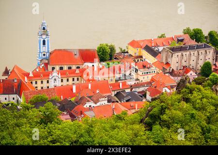 Durnstein aerial panoramic view from Durnstein Castle. Durnstein is a small town on the Danube river in Wachau valley, Austria. Stock Photo