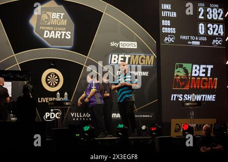 Luke Littler and Rob Cross during the BetMGM Premier League Darts Night ...