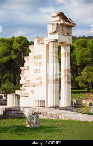 The Sanctuary Of Asklepios ruins at the Epidaurus in Greece. Epidaurus is a ancient city dedicated to the ancient Greek God of medicine Asclepius. Stock Photo