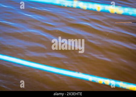 Concept shot of the fishing rod float in the pond Stock Photo