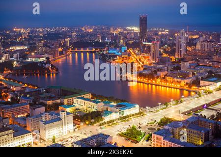 Yekaterinburg aerial panoramic view at night. Ekaterinburg is the fourth largest city in Russia and the centre of Sverdlovsk Oblast located in the Eur Stock Photo