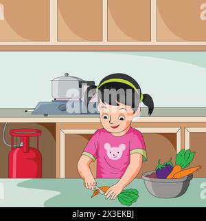 Cute girl cutting vegetables vector illustration Stock Vector