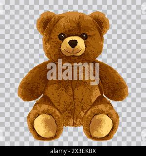 Bear toy realistic vector illustration isolated on transparent background. Cute teddy soft doll character. Fashion print or poster design element Stock Vector