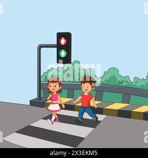 Children on pedestrian crossing vector illustration Stock Vector