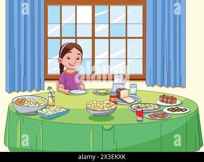 Girl having dinner vector illustration Stock Vector