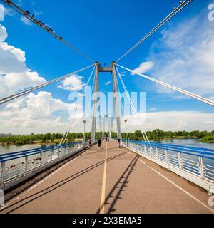 Vynogradovskiy Bridge is a cable-stayed bridge over the canal of the Yenisei, leads to Tatyshev island in Krasnoyarsk, Russia Stock Photo