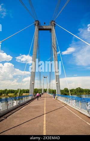 Vynogradovskiy Bridge is a cable-stayed bridge over the canal of the Yenisei, leads to Tatyshev island in Krasnoyarsk, Russia Stock Photo