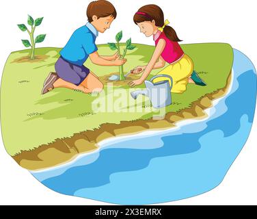 Girl and Boy Planting Tree Graphic Vector Illustration Stock Vector