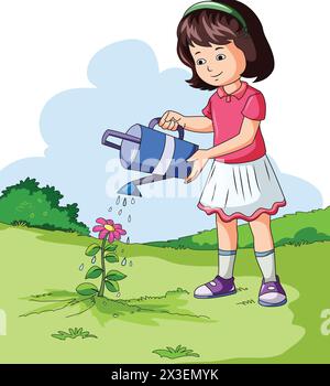 Girl Watering a Plant Vector Illustration Stock Vector