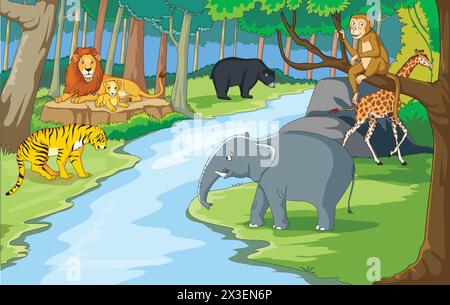 Many Different Animals in the Forest Scene Vector Illustration Stock Vector
