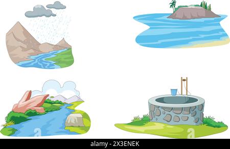 sources of water rain ocean river and well vector illustration Stock Vector