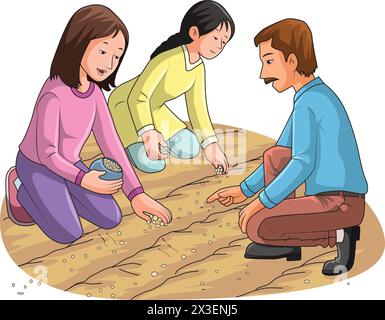 People sowing seed in the field vector illustration Stock Vector