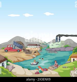 River Water Pollution Vector Illustration Stock Vector