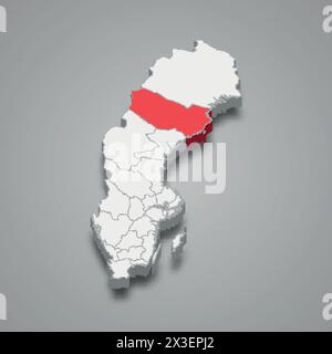 Västerbotten county highlighted in red on a grey Sweden 3d map Stock Vector