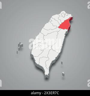 Yilan County division highlighted in red on a grey Taiwan 3d map Stock Vector