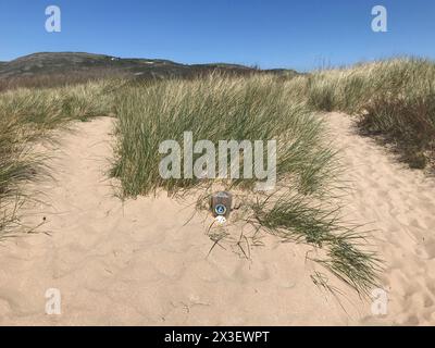 Buried sign for a coastal path buried in a sand dune, Wales Coast Path impacted by rising sand levels, storms, climate change lack of resources to fix Stock Photo