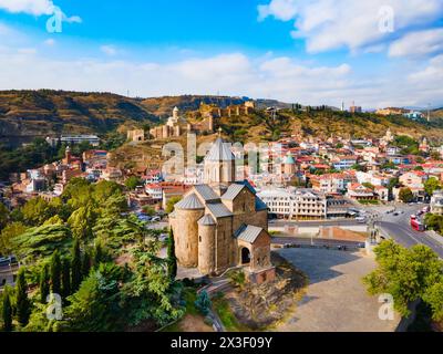 Metekhi Church aerial panoramic view in Tbilisi old town. Tbilisi is the capital and the largest city of Georgia, lying on the banks of the Kura River Stock Photo