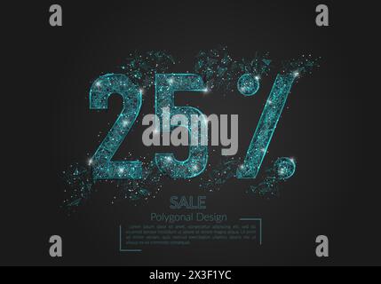 Abstract isolated blue 25 percent sale concept. Polygonal illustration looks like stars in the black night sky in space or flying glass shards. Digita Stock Vector