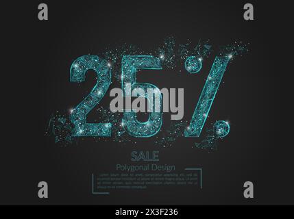 Abstract isolated blue 25 percent sale concept. Polygonal illustration looks like stars in the black night sky in space or flying glass shards. Digita Stock Vector