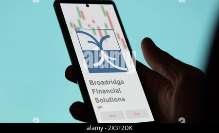 May 16th 2024 , Lake Success, New York. Close up on logo of Broadridge Financial Solutions on the screen of an exchange. Broadridge Financial Solution Stock Photo