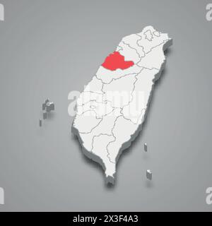 Miaoli County division highlighted in red on a grey Taiwan 3d map Stock Vector