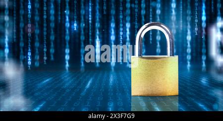 Cybersecurity Concept with a Padlock Surrounded by Binary Code Stock Photo
