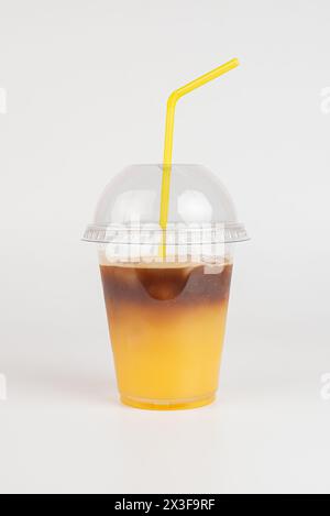 Refreshing summer drink. Colored lemonades,mojito, strawberry in plastic cups with ice. Take away drinks. Stock Photo