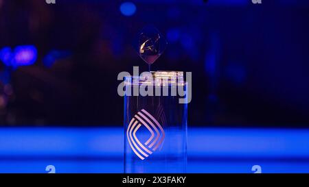 Marl, Germany. 26th Apr, 2024. An award with the logo stands at the 60th Grimme Award ceremony in the Marl Theater. Credit: Rolf Vennenbernd/dpa/Alamy Live News Stock Photo