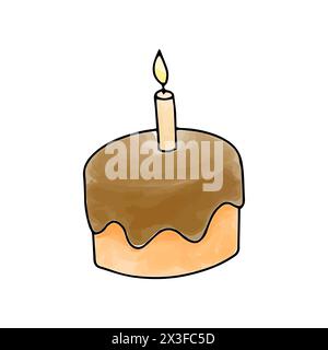Cake with candle, watercolor doodle element. Vector illustration. Stock Vector