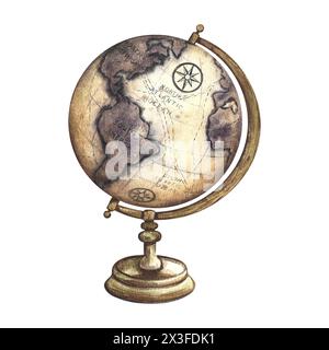 Vintage globe. Hand-drawn watercolor illustration of a vintage model of the earth on a wooden stand. Isolate. Drawing of a retro card in ochre tones f Stock Photo