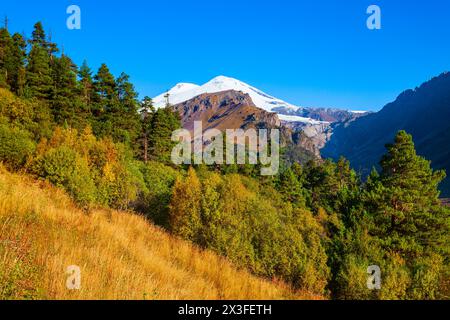 Mount Elbrus is the highest and most prominent mountain peak in Russia and Europe Stock Photo