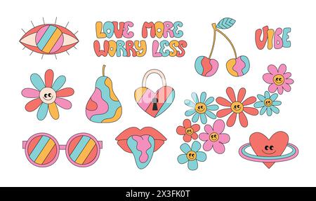Retro groovy hippie abstract flowers, glasses, heart, eye, mouth, mushroom. Cartoon bright stickers set. Stock Vector