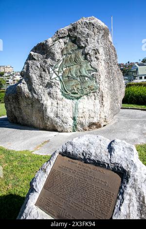 HMS Sirius Flagship vessel of the First Fleet, plaque and 1989 bas relief celebrates 200 years since European settlement in Mosman, Sydney, Australia Stock Photo