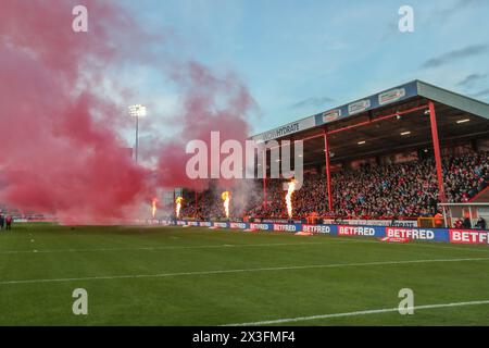 Kingston Upon Hull, UK. 26th Apr, 2024. Pyrotechnics as the teams come out for the game during the Betfred Super League Round 9 match Hull KR vs Wigan Warriors at Sewell Group Craven Park, Kingston upon Hull, United Kingdom, 26th April 2024 (Photo by Alfie Cosgrove/News Images) in Kingston upon Hull, United Kingdom on 4/26/2024. (Photo by Alfie Cosgrove/News Images/Sipa USA) Credit: Sipa USA/Alamy Live News Stock Photo