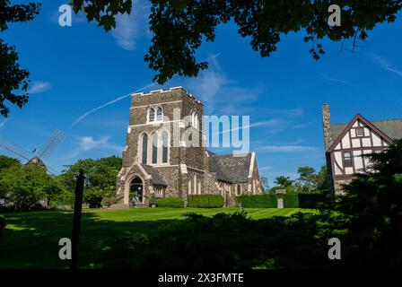 East Hampton, New York, USA, Street Scene, Scenic, Historic Old Town Center, Church on Main Street Stock Photo