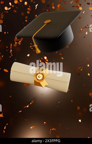 Graduation 3d Gold Golden graduate cap with golden tassel and golden scroll on gold ...